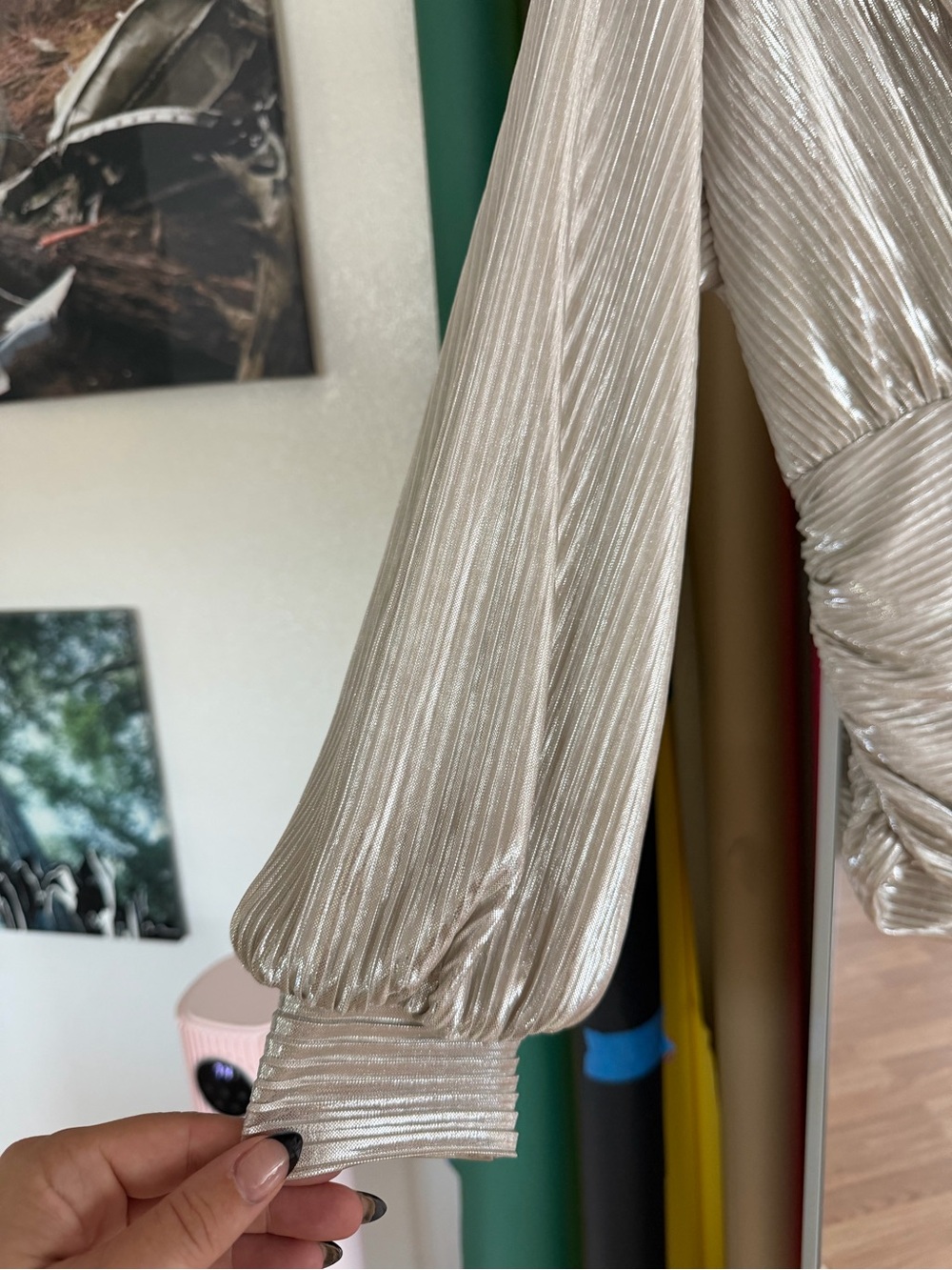 Express Silver Metallic Wrap Blouse with Side Tie - Picture 2 of 4